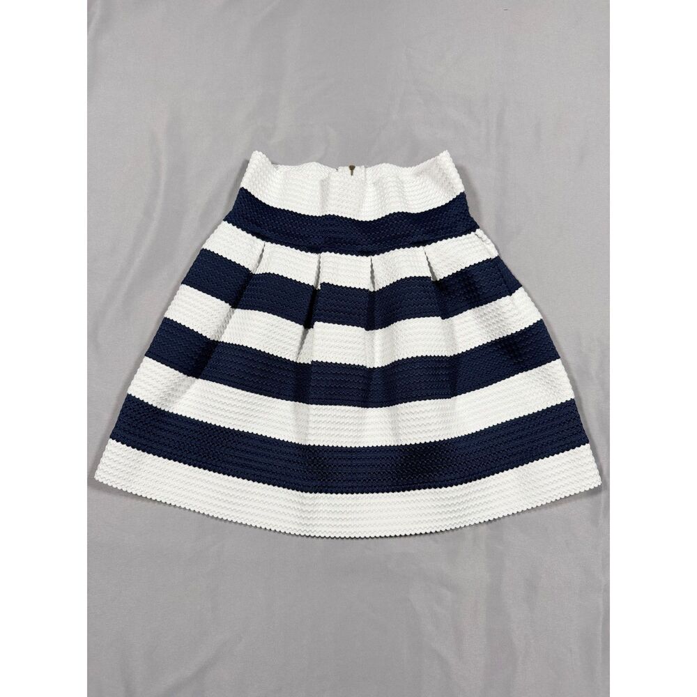 Neslay Designer Navy White Striped Textured Skater Skirt Size M Coastal Preppy